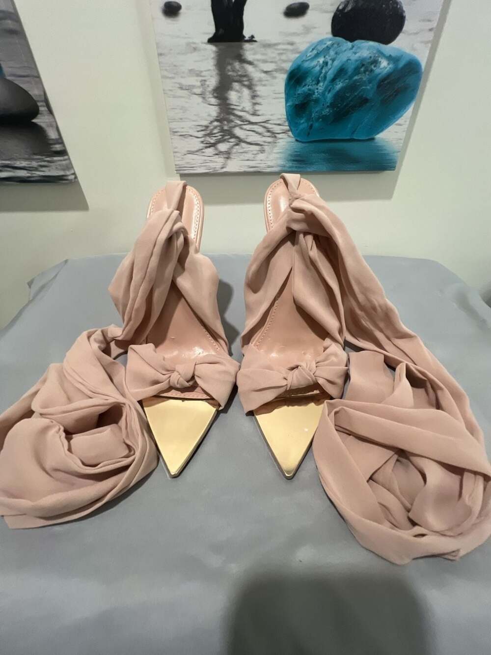 Public Desire Pointed-Toe Ankle Tie Heels with Gold Toe Cap